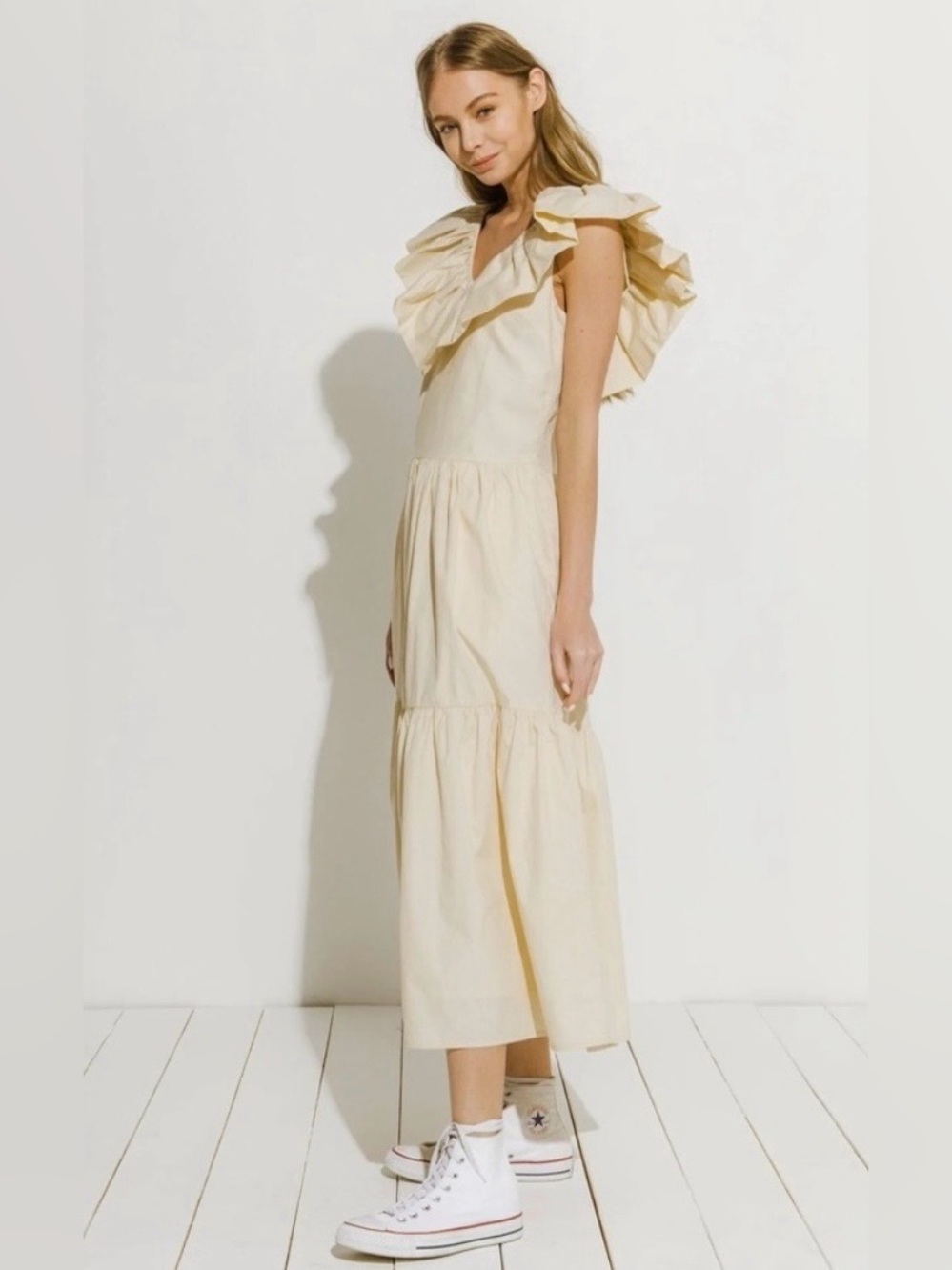 English Factory Cream Beige Sleeveless Ruffled-Neck Midi Dress